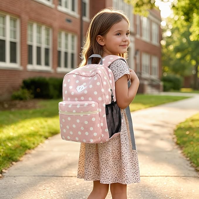 STEAMEDBUN Corduroy Kids Backpack for Girls Boys 3-8, Girls Backpack for Elementary Kindergarten - Polka Dot
