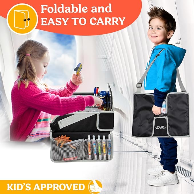 PILLANI Kids Travel Tray for Car - Carseat Tray w/iPad Holder & Dry Erase Board, Road Trip Essentials - Toddler Lap Desk Organizer for Airplane - Roadtrip Activities & Travel Essentials - Pack of 2