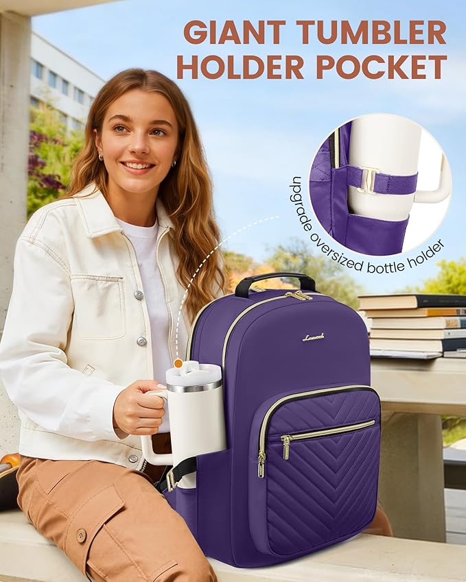 LOVEVOOK Laptop Backpack for Women with Giant Tumbler Holder 15.6 inch,Designer Travel Backpack Laptop Bag College Backpack,Quilted Work Nurse Teacher Backpack Purse Computer Bag Daypack,Royal Purple