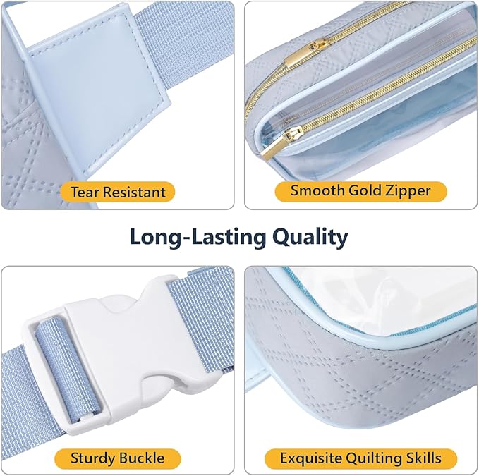Packism Clear Fanny Pack for Women Stadium Approved - Quilted Clear Belt Bag, Adjustable Strap Fits 35-51 Inches, Transparent Waist Bag for Sports Concerts Festivals, Dusty Blue