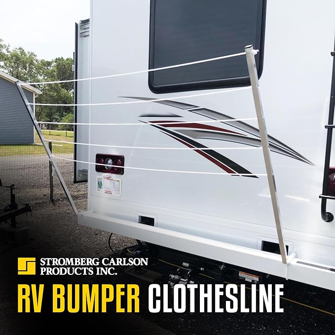 Stromberg Carlson CL-100 Bumper Mounted Clothesline - 48" aluminum foldable travel drying rack for RV Bumper, camper, and outdoor use; 84" hanging space, ideal RV clothesline and camping laundry rack.