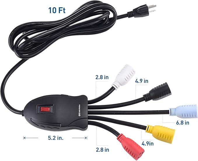 Cable Matters 5 Outlet Power Cord Splitter (Power Squid Outlet Multiplier) with Extra Long 10 Foot Cord and Color Coded Receptacles