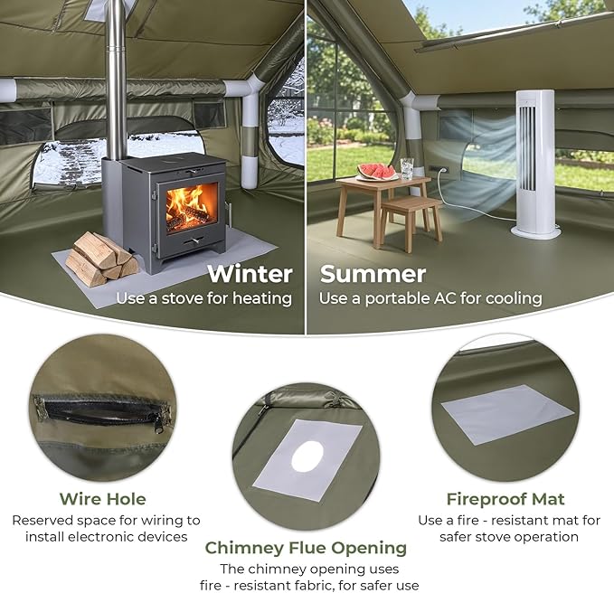 VINGLI Inflatable Camping Tent, All-Weather Inflatable Hot Tents with Stove Jack, Blow Up Tent for Camping with Mesh Doors & Windows, Inflatable Air Tents for Camping Adult
