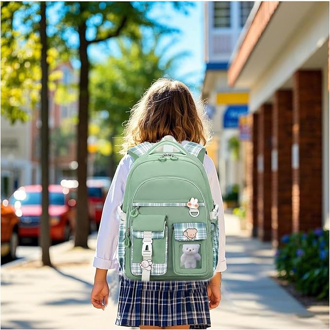 PRLINJSK Girls Backpack，Cute School Backpack for Girls Kids Teens，Kawaii Bookbag for Primary Elementary，Green