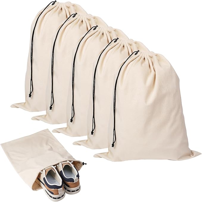 5 Pack Shoe Bags for Travel, Washable Dust Bags for Storage & Packing 17.7" x 13.8" Dustproof Flannel with Drawstring Closure for Boots Handbags Shoes & Toys (Beige)
