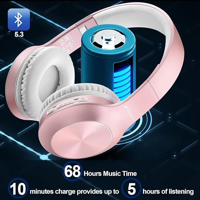 Rydohi Wireless Bluetooth Headphones Over Ear 68H Playtime HiFi Stereo Headset with Microphone and 3EQ Modes Foldable Bluetooth V5.3 Headphones for Travel Smartphone Computer Laptop