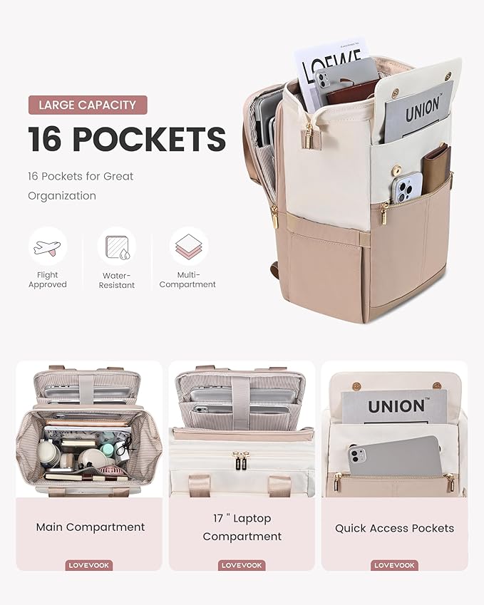 LOVEVOOK 17.3 Inch Laptop Backpack for Women, Large Capacity Travel Backpack with Organizer Bag, Waterproof Carry on Backpack Work Bag with USB Port, Teacher Nurse Backpack Purse, 2PCS