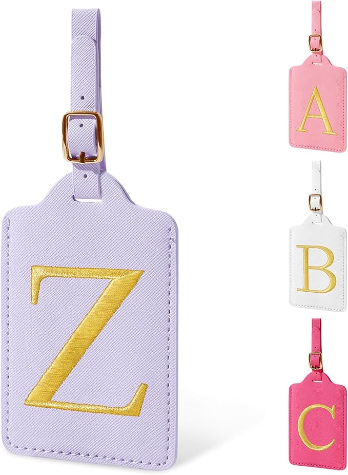 Personalized Initial Luggage Tags for Suitcase, Purple Leather Cute Luggage Tags with Privacy Cover Name Card, Embroidered Custom Monogrammed Luggage Tag Travel Backpack Tags Gifts for Women Kids(Z)