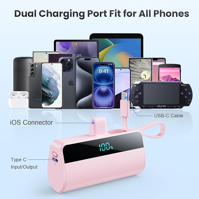 Small Portable Charger for iPhone with Built in USB C Cable, 5500mAh Mini Power Bank 20W PD Fast Charging, LCD Display Battery Pack for iPhone 17/16/15/14/13/12/11/X/8/6 Series Android Galaxy (Pink)