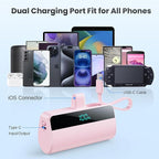 Small Portable Charger for iPhone with Built in USB C Cable, 5500mAh Mini Power Bank 20W PD Fast Charging, LCD Display Battery Pack for iPhone 17/16/15/14/13/12/11/X/8/6 Series Android Galaxy (Pink)