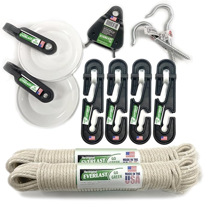EVERLAST Clothesline Kit with Pulleys, Separators & Line Tightener (200 Feet Clothes Line Included) | Complete Laundry Line System for Hanging & Drying Clothes | Made in USA | Model #200