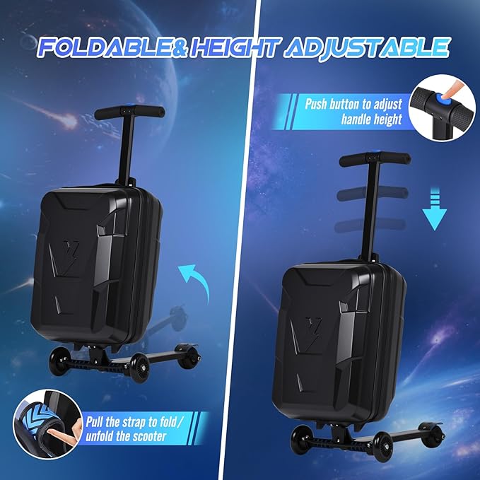 smilesun Scooter Suitcase for Kids & Adults, Foldable Carry On Travel Luggage, Hardside Ride on Scooter Suitcase with Spinner Wheels, Black