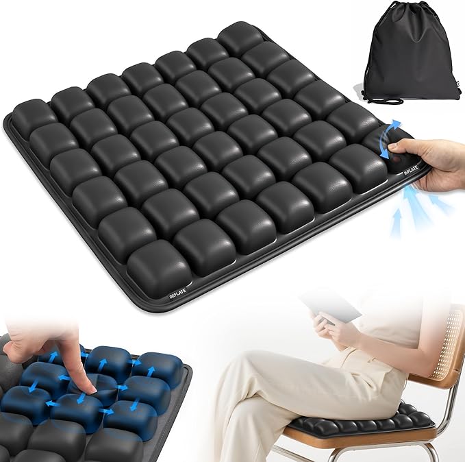 Upgrade Airplane Seat Cushion with No External Air Pump, Inflatable Seat Cushion for Long Flights, Portable Wheelchair Cushions, Adjustable Air Cushion with Non-Skid Bottom Relief Discomfort in Coccyx