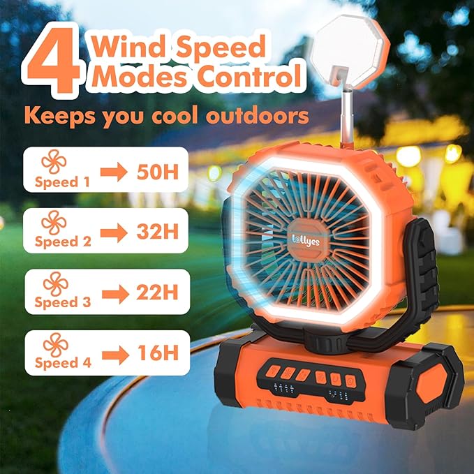 Portable Fan, AI Outdoor Rechargeable Camping Fan with Light, 20000mAh Battery Powered, 360° Rotating Hook, 4 Speeds for Indoor, Traveling, Tenting, RVing, Fishing, Beach (Orange)