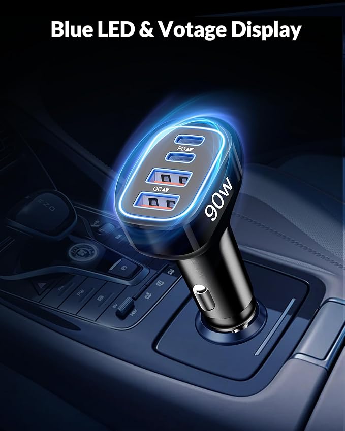 2 Pack 90W 4-Port Super Fast Type C Car Charger USB C for Samsung Galaxy S26/S25/S24/S23/ S22 Ultra, Android, iPhone 17/16/15, Cigarette Lighter USB Charger Car Adapter Accessories + 3FT USB-C Cable