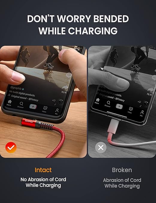 AINOPE USB Type C Cable 3.1A Fast Charger (2-Pack, 10ft+10ft) Right Angle USB A to USB C Cable, Resistant Nylon Braided USB C Charger Cable (Red)