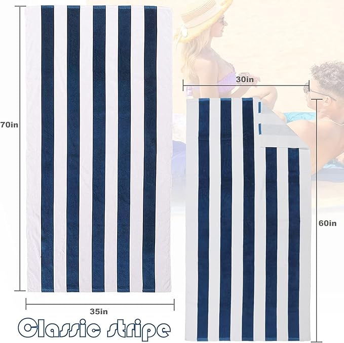 Exclusivo Mezcla 4 Pack Cotton Large 30x60 Inches Soft Cabana Stripe Thick Beach Towel, Super Absorbent Travel Bath Pool Towel (Dark Navy)