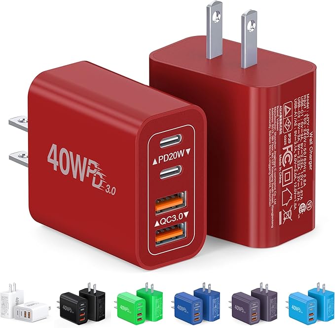 [2-Pack] 40W USB C Charger Block, 4-Port Type C Fast Charging Brick Dual PD&QC Wall Plug Adapter Power Brick for iPhone 13/14/15/16/17/Pro/Pro Max/Plus/iPad/Airpods/iwatch/Samsung Galaxy (Red)