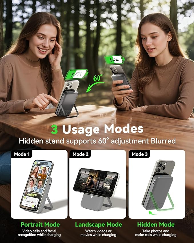 for Magsafe Portable Charger 10000mAh Magnetic Portable Charger with Type-C Cable 20W PD Fast Charging,Foldable Stand,Dual Type-C & USB-A Outputs,LED Display–Space Gray