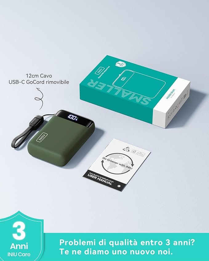 INIU Smallest 20000mAh Power Bank, 22.5W PD Fast Charging Portable Charger with Detachable Cable, Flight-Safe Battery Pack with LED Display for iPhone 17 16, Google, Travel, Hiking, Camping, Green