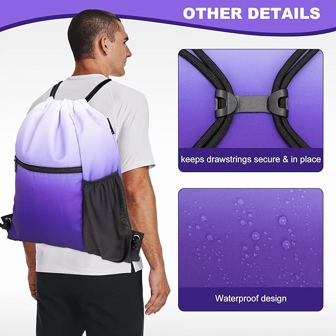 HOLYLUCK Men & Women Outdoor Sport Gym Sack Waterproof Drawstring Backpack Bag (Standard with drawstring, Gradient Purple)