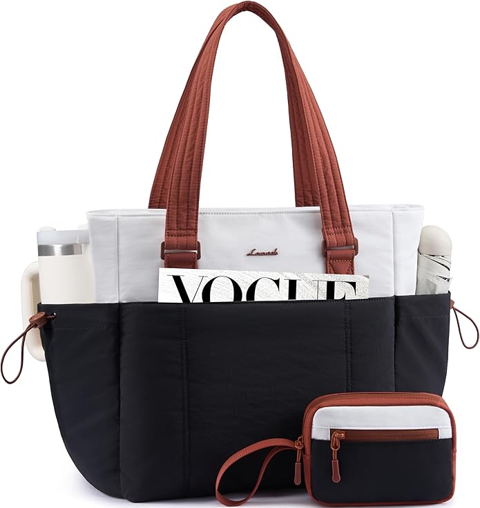 LOVEVOOK Tote Bag for Women, Puffy Work Tote with Large Cup Holder, Quilted Laptop Bag Travel Tote Shoulder Bag Handbag
