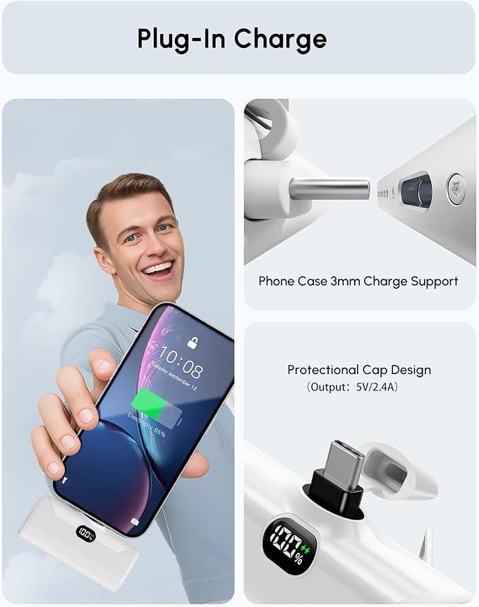 USB C Portable Phone Charger for iPhone 17 Pro Max, Mini Power Bank 5000mah with Digital Display & Duarable Kickstand for Type c Phones, Slim Backup Charger Battery for Samsung/Google-White