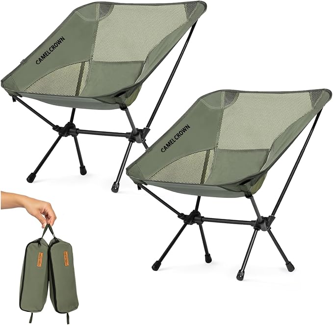 CAMEL CROWN Portable Camping Chair Lightweight Compact Folding Chair Mesh for Outdoor Camp Travel Beach Picnic Festival Hiking Backpacking Army Green 2 Pack