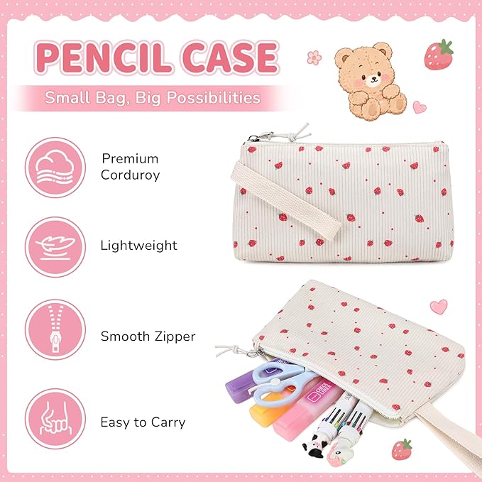 PIG PIG GIRL Corduroy Backpack 3PCS Kids Backpack for Girls School Bags for Middle School Students Book Bag for Elementary Primary Kawaii Ita Backpack with Lunch Box Pencil Case Set, Beige Strawberry