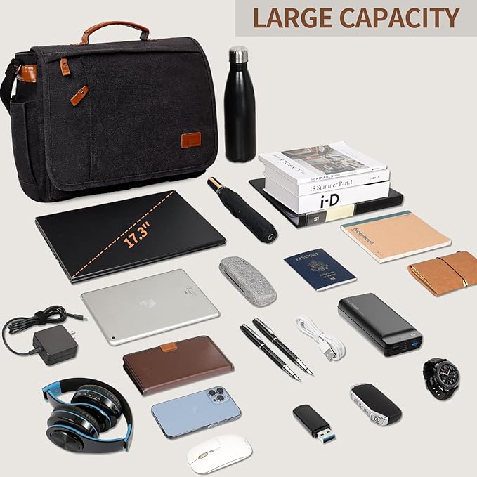 ESTARER Messenger Bag 17.3 Inch, Mens Computer Bag for Teacher/College/Work/Travel, Water-resistant Canvas Laptop Bag Satchel Briefcase, Dark Grey