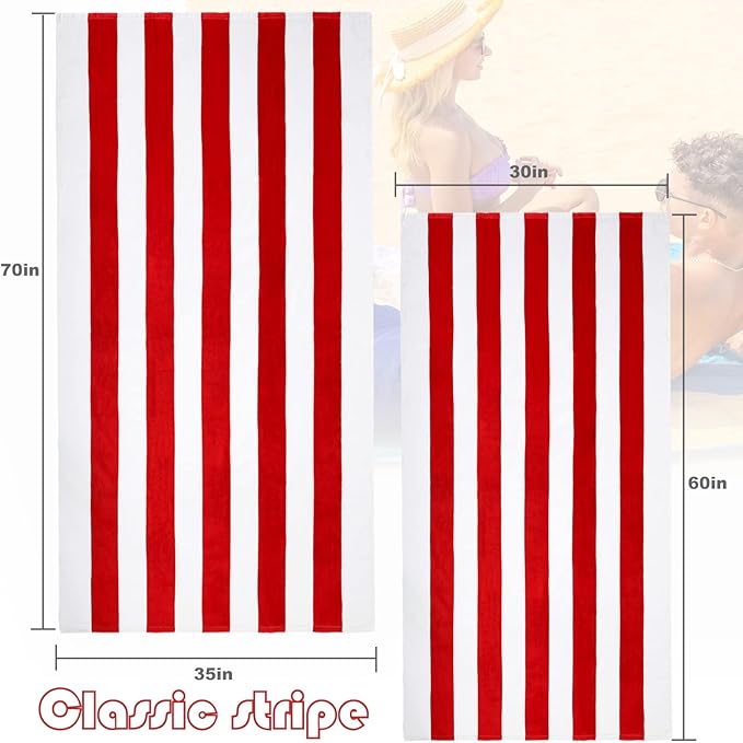 Exclusivo Mezcla 4 Pack Cotton Oversized 35x70 Inches Soft Cabana Stripe Thick Beach Towel, Super Absorbent Travel Bath Pool Towel (Red)