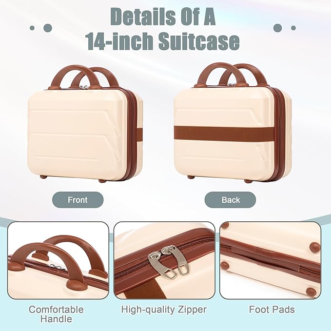 20 Inch Carry on Luggage with 14 Inch Cosmetic Case, 2 Pcs Hardshell Lightweight Durable Spinner Suitcase Set for Travel, Women, Men, TSA Lock, ABS, 20+14 Inch, Beige