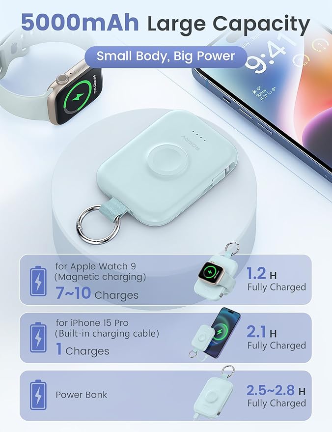 RORRY CharmGo Portable Charger, 5000mAh Portable Charger Power Bank with Built-in Cables, Travel Keychain Battery Pack for Apple Watch and iPhone Air/17/16/15/14/13/12, Blue