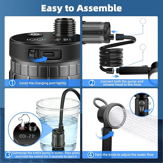 Fotgear Portable Camping Shower - 8000mAh Rechargeable Outdoor Shower Pump with Filtered Showerhead, Intelligent LED Display, IPX8 Waterproof Camping Shower Kit for Hiking, RV, Car Washing, Pet Bath