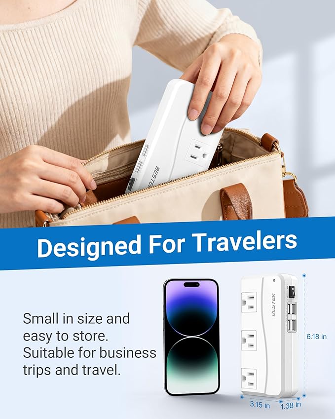 BESTEK Universal Travel Adapter 100-220V to 110V Voltage Converter 250W with 6A 4-Port USB Charging 3 AC Sockets and EU/UK/AU/US/India Worldwide Plug Adapter (White)