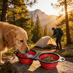 Collapsible Dog Bowls with Carabiner, Double Portable Travel Pet Bowls for Food and Water, Foldable Silicone Dog Bowl for Walking, Hiking, Camping, Small Medium Dogs and Cats,Red