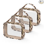 Wedama TSA Approved Toiletry Bag, 3 Pack Clear Makeup Bags with Handles, Quart Size PVC Clear Cosmetic Bags for Women and Men, Carry on Airport Airline Compliant Bag, Leopard Print