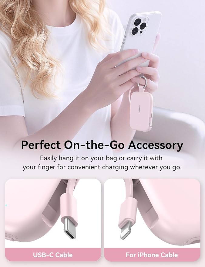 RORRY CharmGo Portable Charger, 5000mAh Portable Charger Power Bank with Built-in Cables, Travel Keychain Charger Battery Pack for iPhone 17/16/15/14/13/12, for AirPods 2/3/4/Pro, Pink