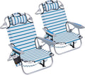 2 Pack Lightweight Portable Camping Beach Chair for Adults, Outdoor Lay Flat Folding Beach Chairs with 5 Positions, Backpack Beach Chair with Towel Bar, Zipper Pouch, Cup Holder, White Striped