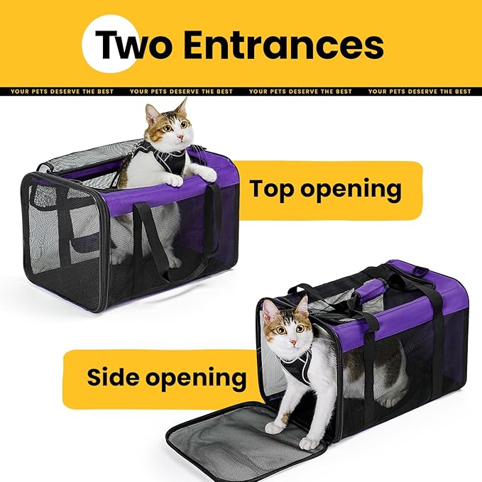 Conlun Cat Carrier Bag,Soft-Sided Pet Carriers for Dogs with 4-Sided Mesh,Airline Approved Cat Transport Carrier for Small&Medium Cats Kitten Puppy Up to 15LB,Collapsible Cat Travel Carrier-M,Purple