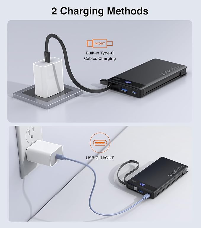 Power Bank with 2 Built-in Cables 10000mAh, 22.5W PD Slim Portable Charger USB C Battery Pack, Travel Essentials Fast Charging Powerbank Compatible with iPhone 17 16 15 Plus Pro Samsung iPad (1 Pack)