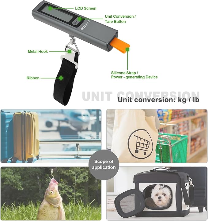 ECSiNG Portable Luggage Scale Battery Free - Digital & Backlit LCD Display, Luggage Weight Scale, 110 lbs/50 kg, For Travel, Airplane, Shipping, Shopping, Outdoor