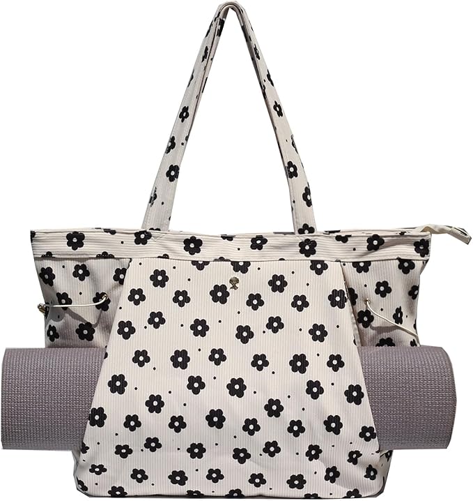 ESVAN Corduroy Yoga Tote Bag Gifts for Women Drawstring Yoga Mat Bag for Office Workout Travel Carryall Pilates Gym