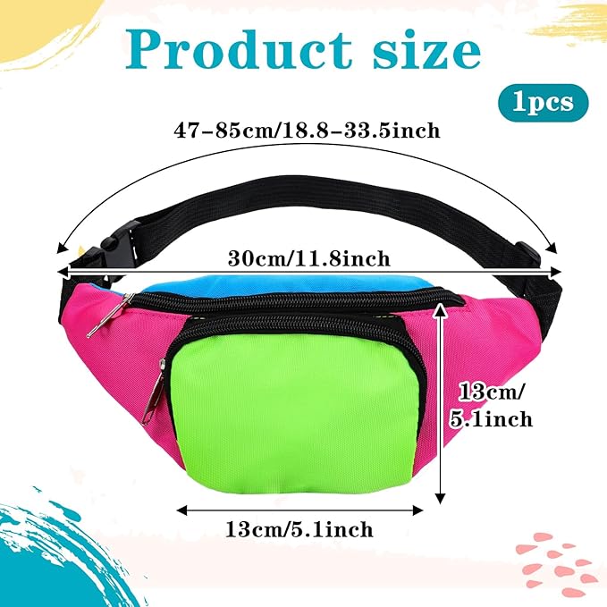 80s Neon Fanny Pack 2 Pockets 90s Belt Bags for Women Men Waist Retro Packs for Holiday Festival, 80s Theme Halloween Party, Vintage Rave Accessories Plus Size Belt Bag, Pink Bottom