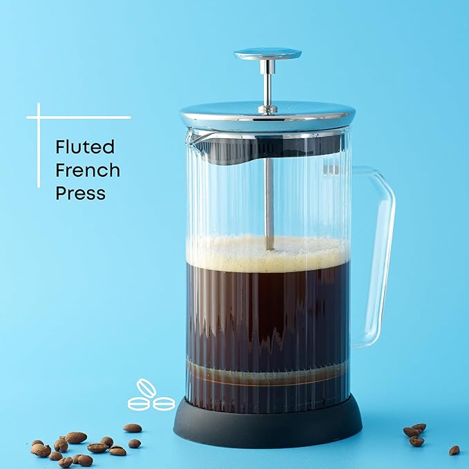 JoyJolt Fluted French Press Coffee and Tea Maker Set, 33.8oz Stainless Steel Press, Borosilicate Glass Coffee Press, Cold Brew Portable French Press, Tea Press, Large, clear