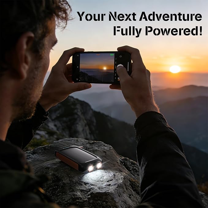 Solar Phone Charger 20000mAh Portable Power Bank with 15W USB-A and USB-C Orange Battery Pack Compatible with iPhone, iPad, Samsung, Built-in 2 LED Emergency Flashlights Perfect for Camping, Travel