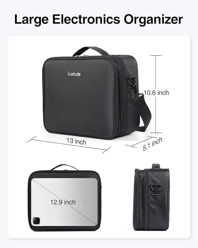 Luxtude Electronic Organizer Travel Case Large, Double Layer Tech Carrying Case, Home Electronics Bag Fits for iPad (Up to 12.9 in), Sturdy Storage for Dji, Camera