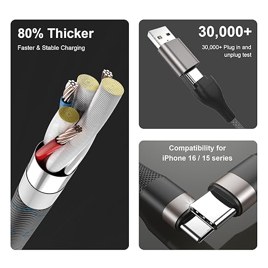 3 in 2 Multi Charging Cable for Apple Watch, iPhone & Galaxy - USB C/Lightning/Micro Fast Charger, Compatible with iWatch Ultra/SE/10-1 & iPhone 16-12/S24 (4FT Nylon Braided)