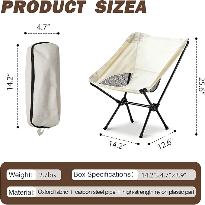Wind Tour Portable Camping Chair Lightweight Foldable Outdoor Chair for Hiking Camp Backpacking Lawn Beach Fishing Picnic with Carry Bag (Off White)