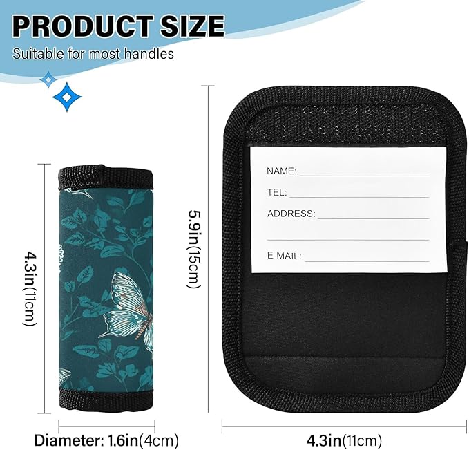 Aqua Butterfly Flower Luggage Handle Wrap for Suitcase Luggage Tags Handle Covers Identifiers Soft Decorations Travel Accessories 2 Pack
